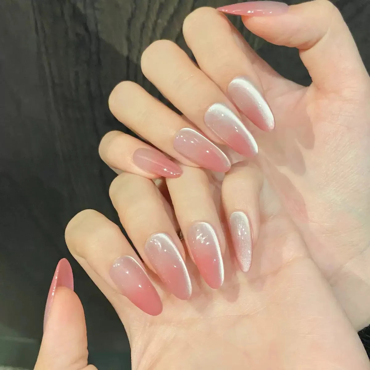 Uñas postizas acrílicas reutilizables, uñas postizas color nude, uñas postizas francesas almendradas