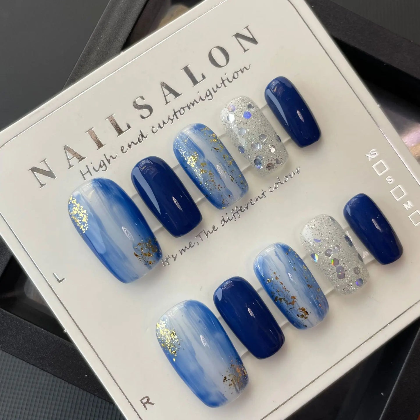 Fashion Blue Starry Sky Full Cover Removable Finished Hand Painted False Nail Patch Manicure