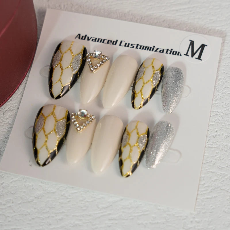 Snake Almond Hand Painted Long Coffins Hand Pressed Nails Repeatable Detachable Nails