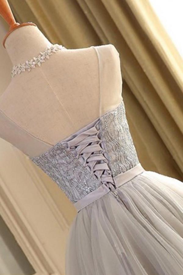 Graues ärmelloses A-Linien-Ballkleid mit U-Ausschnitt und Spitze aus Tüll, Homecoming-Kleid