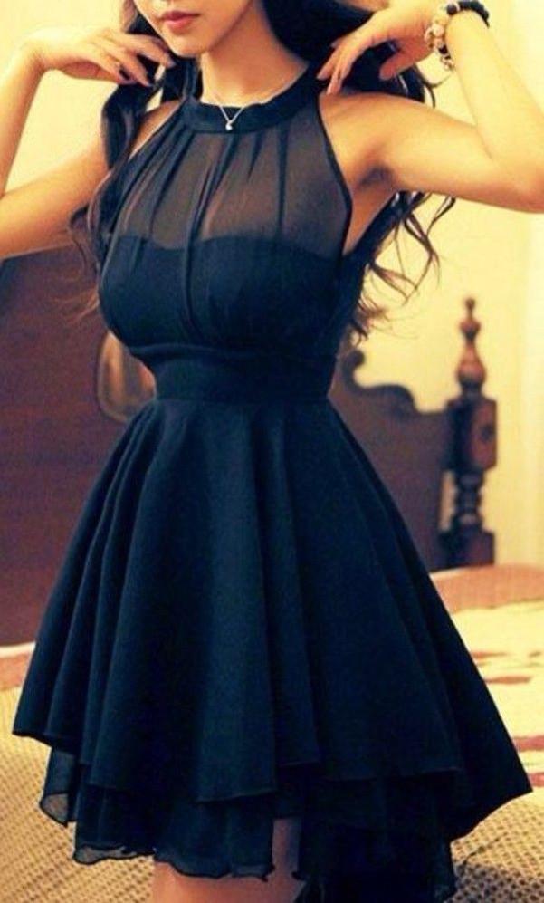 Chiffon Navy Blue Short Prom Dresses For Girls, Halter Homecoming Dress