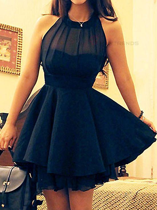 Chiffon Navy Blue Short Prom Dresses For Girls, Halter Homecoming Dress