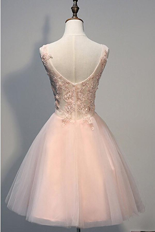 Pink Tulle Short Open Back Homecoming Dresses with Pearl Appliques