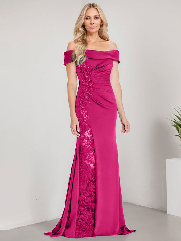 Vestido de sirena con hombros descubiertos, largo hasta el suelo, para madre de la novia, con apliques y cuentas, y abertura alta