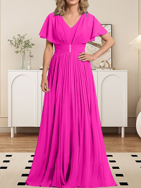 A-Linie V-Ausschnitt Bodenlang Chiffon Mutter der Braut Kleid Mit Kristall Brosche Plissee