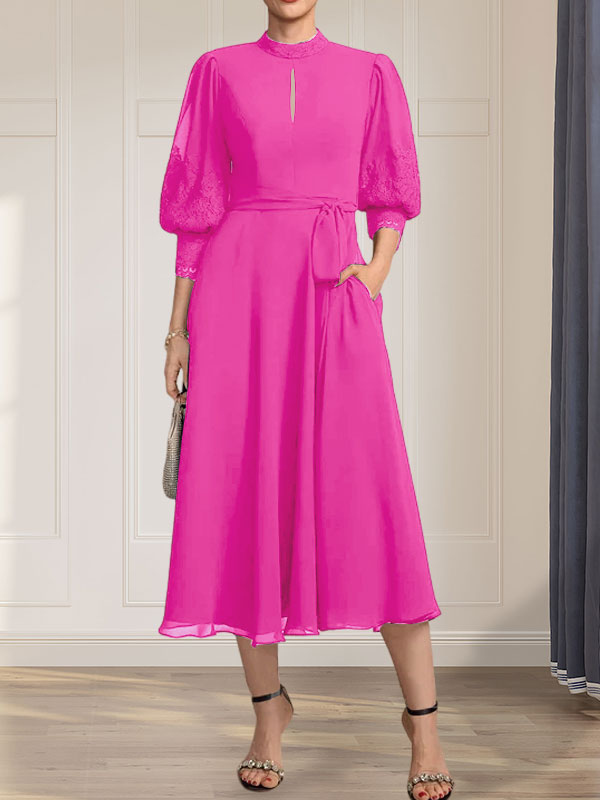 Vestido de gasa con encaje, cuello alto, largo hasta la rodilla, para madre de la novia con lazo