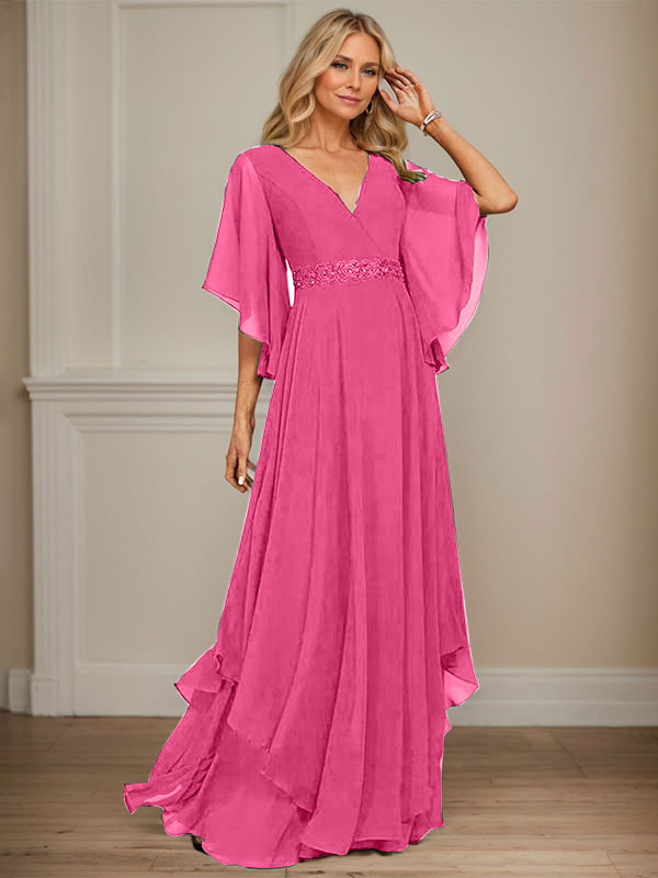 A-Linie V-Ausschnitt Bodenlang Chiffon Kleid für die Brautmutter mit Pailletten Applikationen Spitze Perlen
