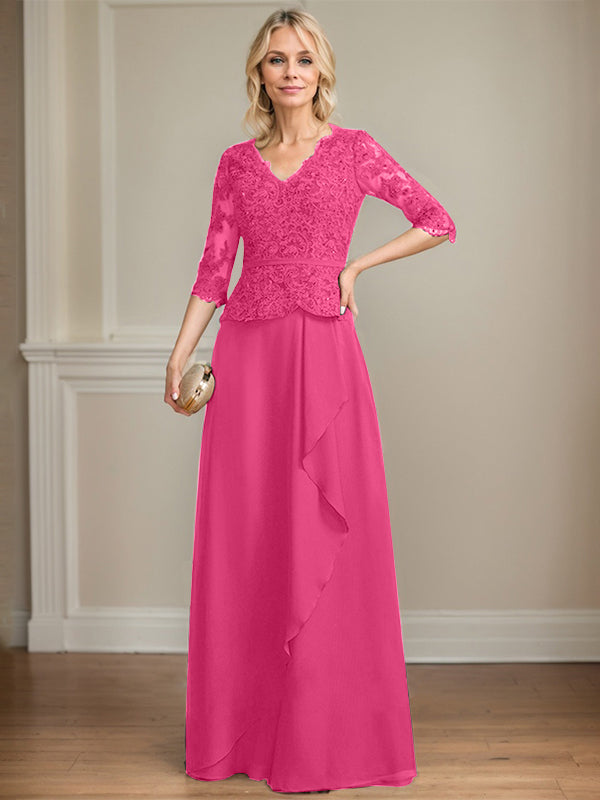 A-Linie, V-Ausschnitt, bodenlanges Chiffon-Kleid für die Brautmutter mit kaskadierenden Rüschen und Pailletten