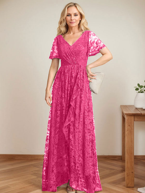 A-Linien-Kleid mit V-Ausschnitt, asymmetrischer Spitze für die Brautmutter mit kaskadierenden Rüschen