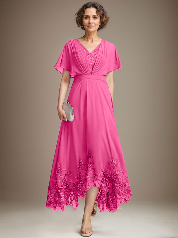 A-Linie V-Ausschnitt Asymmetrisches Spitzen-Chiffon-Kleid für die Brautmutter mit Plissee
