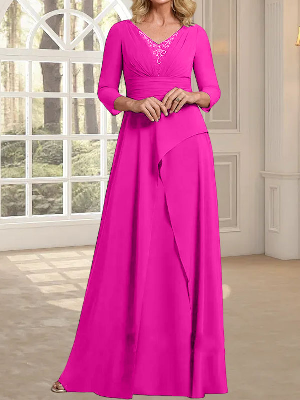 A-Linie, V-Ausschnitt, bodenlanges Chiffonkleid für die Brautmutter mit plissierter Perlenstickerei