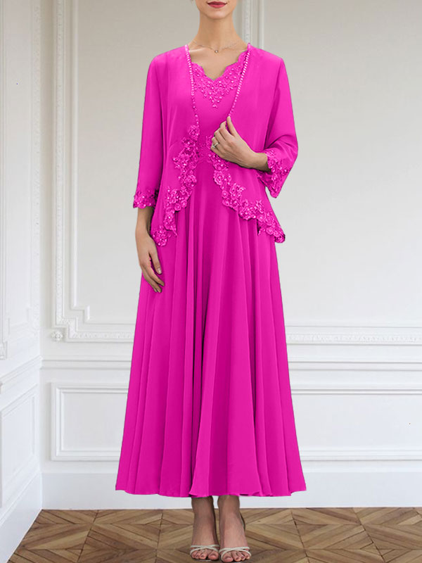 A-Linie V-Ausschnitt Knöchellang Chiffon Kleid für die Brautmutter mit Pailletten Applikationen Spitze Perlen