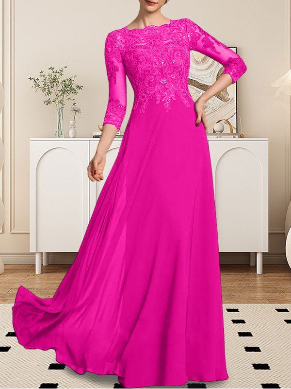 Vestido de gasa con encaje y lentejuelas para madre de la novia, corte A, largo hasta el suelo