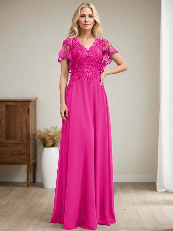 A-Linie V-Ausschnitt Bodenlanges Spitzen-Chiffon-Kleid für die Brautmutter mit Pailletten