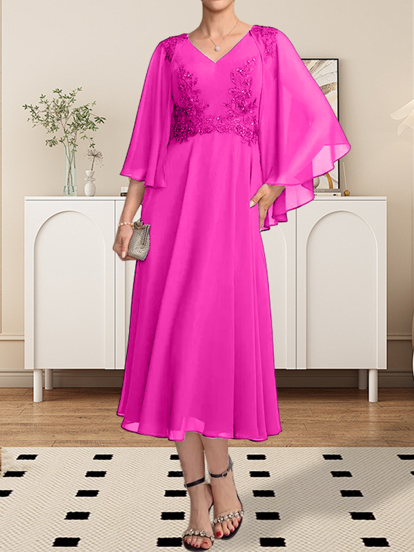 A-Linie, V-Ausschnitt, knielang, Chiffon, Spitze, Kleid für die Brautmutter mit Perlen und Pailletten