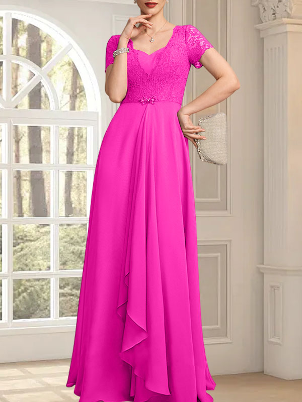 A-Linie, Herzausschnitt, bodenlang, Chiffon, Spitze, Kleid für die Brautmutter mit Perlenbesatz, kaskadierenden Rüschen
