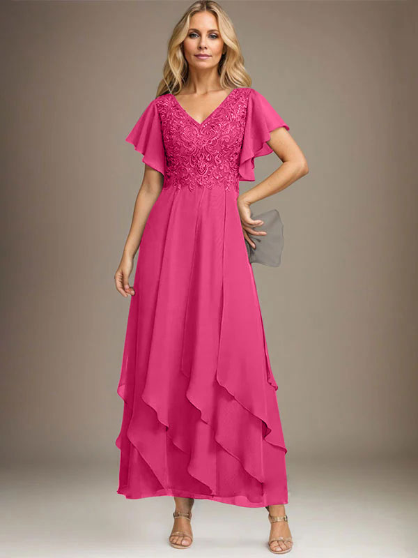 A-Linien-Kleid mit V-Ausschnitt, knöchellang, Spitzenchiffon und kaskadierenden Rüschen