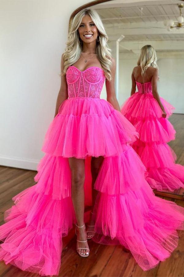 Hot Pink High Low Sweetheart Stufen-Ballkleid Abendkleid