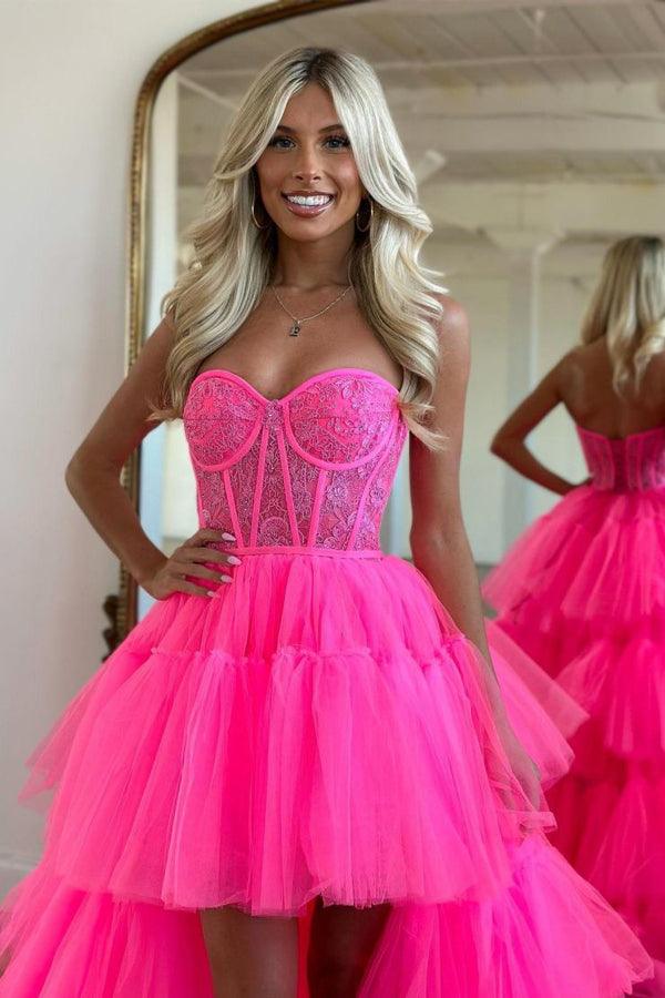 Hot Pink High Low Sweetheart Stufen-Ballkleid Abendkleid