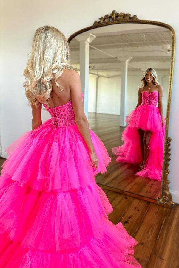 Hot Pink High Low Sweetheart Stufen-Ballkleid Abendkleid