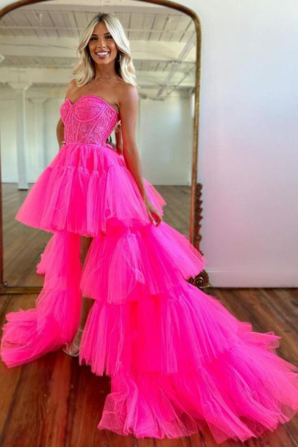Hot Pink High Low Sweetheart Stufen-Ballkleid Abendkleid