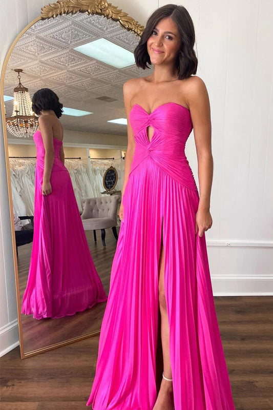 Hot Pink Trägerloses Schlüsselloch Plissee A-Linie Ballkleid
