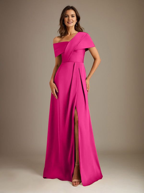 Vestido de madre de la novia de satén con escote asimétrico en forma de A y largo hasta el suelo con pliegues
