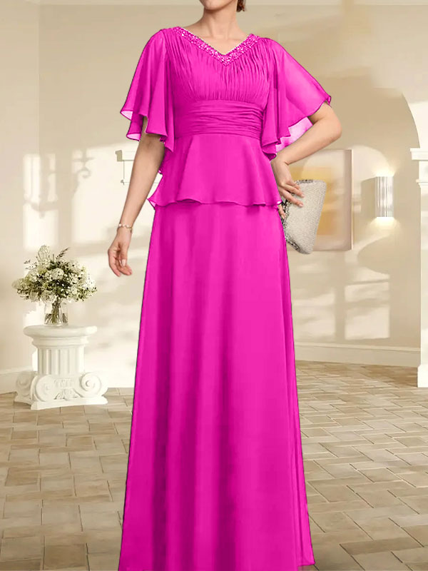 A-Linie, V-Ausschnitt, bodenlanges Chiffonkleid für die Brautmutter mit plissierter Perlenstickerei