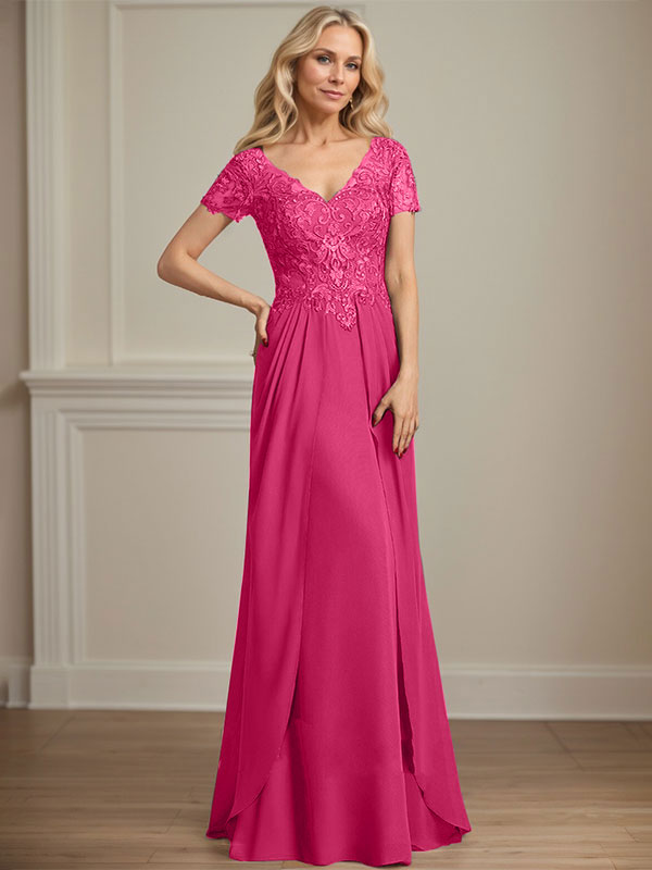 A-Linie V-Ausschnitt Bodenlanges Chiffon-Spitzenkleid für die Brautmutter