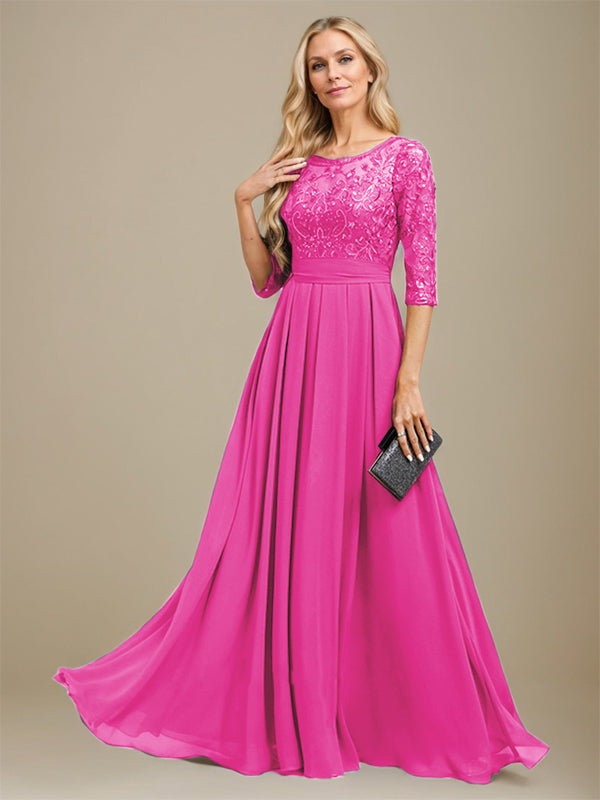 Vestido de madre de la novia de gasa con encaje, corte A, largo hasta el suelo y apliques de lentejuelas