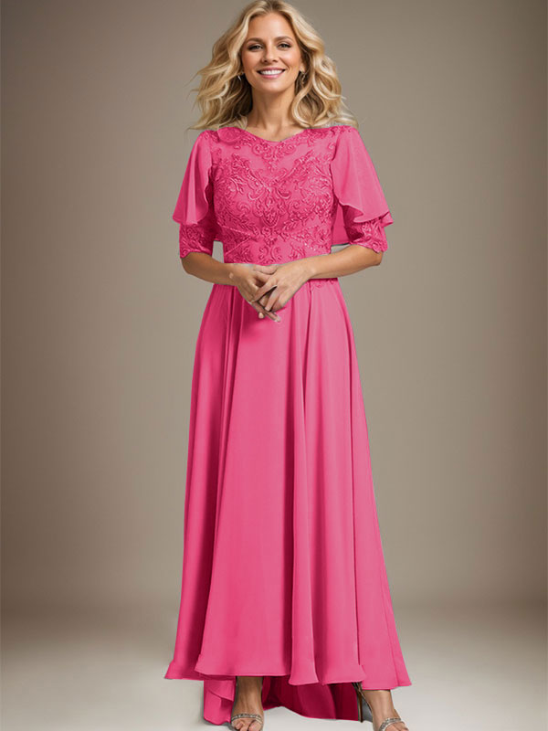Vestido de madre de la novia de gasa asimétrica con encaje, ilusión, corte A y escote redondo con cuentas