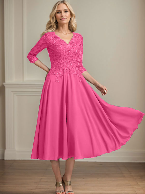 A-Linie, V-Ausschnitt, knielang, Chiffon, Spitze, Kleid für die Brautmutter mit Perlen und Pailletten