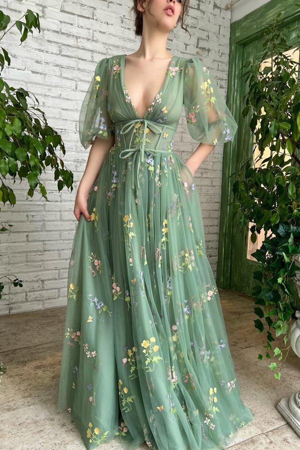 Illusion A-Line V-Neck Half Sleeves Appliques Tulle Prom Formal Dress