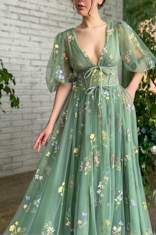 Illusion A-Line V-Neck Half Sleeves Appliques Tulle Prom Formal Dress