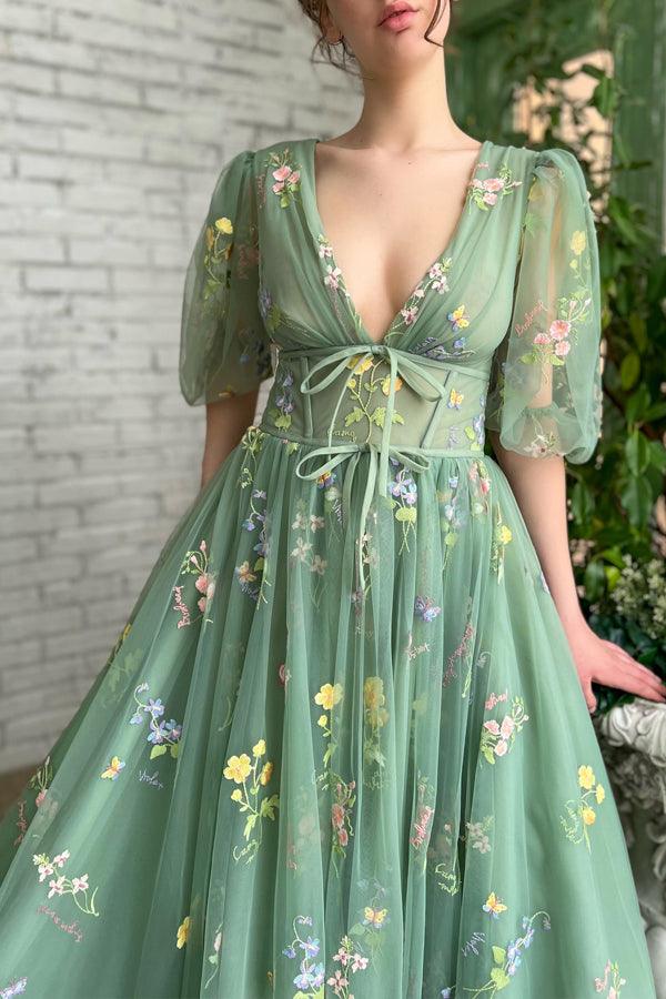 Illusion A-Line V-Neck Half Sleeves Appliques Tulle Prom Formal Dress