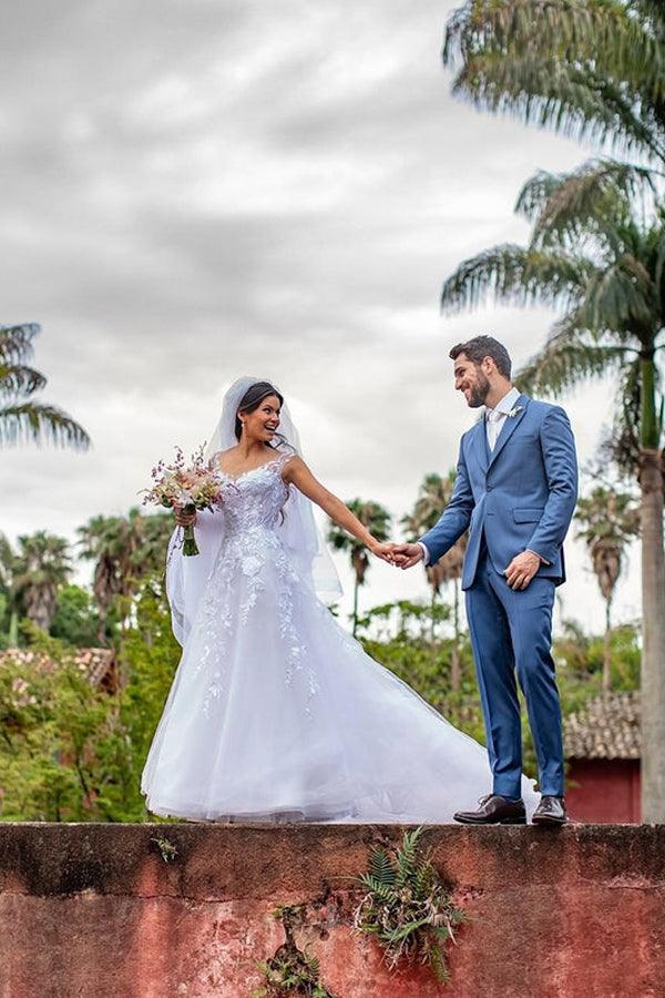 Illusion U-Ausschnitt Weißes Brautkleid mit Blumenspitze und bodenlang