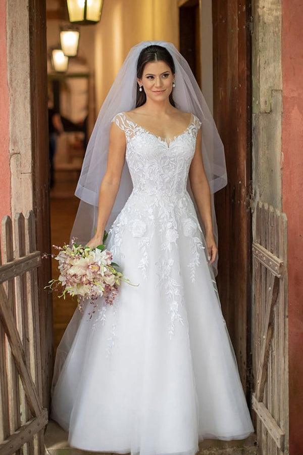Illusion U-Ausschnitt Weißes Brautkleid mit Blumenspitze und bodenlang