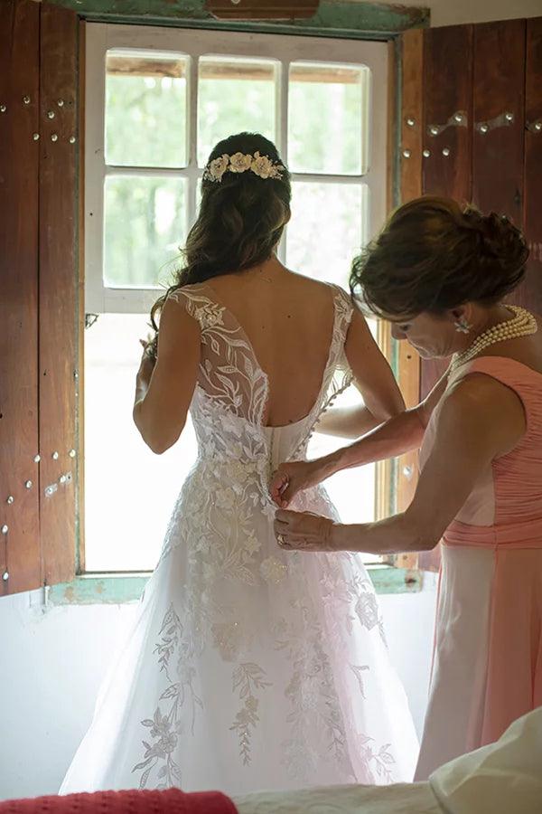 Illusion U-Ausschnitt Weißes Brautkleid mit Blumenspitze und bodenlang