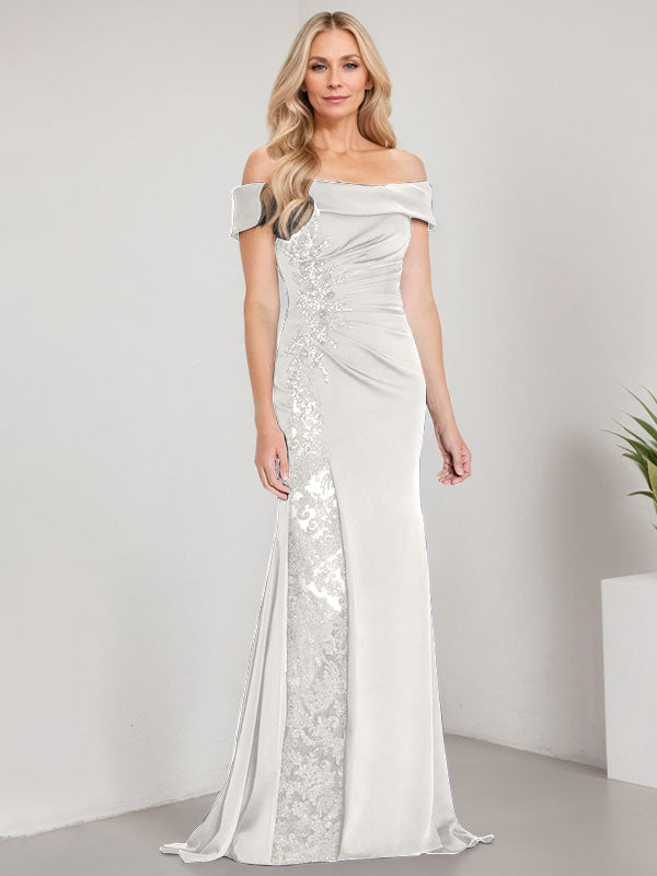 Vestido de sirena con hombros descubiertos, largo hasta el suelo, para madre de la novia, con apliques y cuentas, y abertura alta
