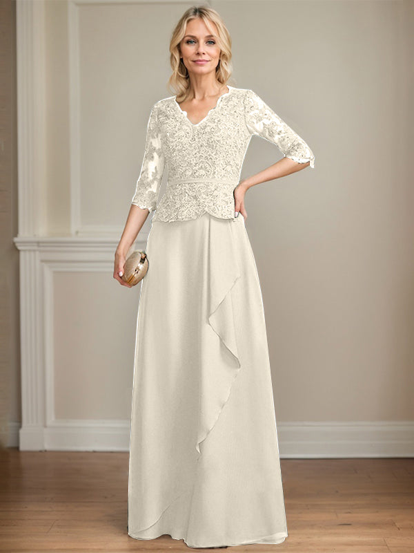A-Linie, V-Ausschnitt, bodenlanges Chiffon-Kleid für die Brautmutter mit kaskadierenden Rüschen und Pailletten