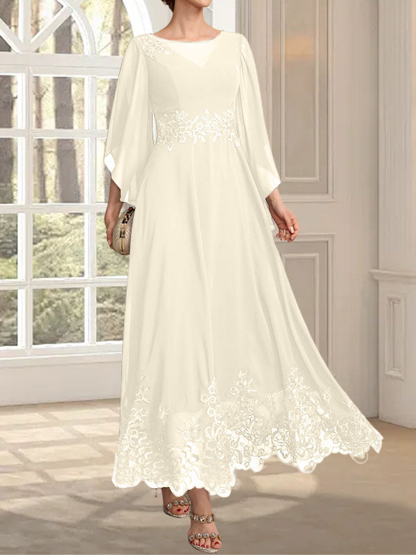 Vestido de gasa con encaje y lentejuelas para madre de la novia, corte A, escote ilusión, largo hasta los tobillos