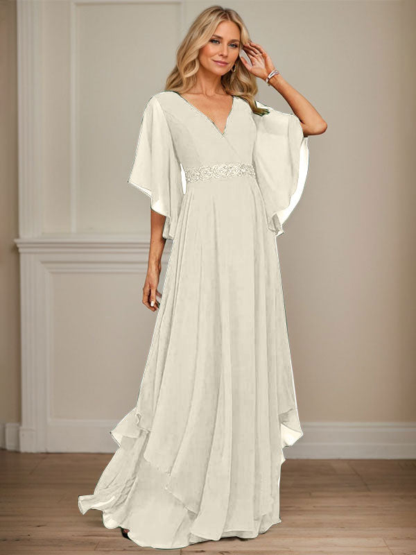 A-Linie V-Ausschnitt Bodenlang Chiffon Kleid für die Brautmutter mit Pailletten Applikationen Spitze Perlen