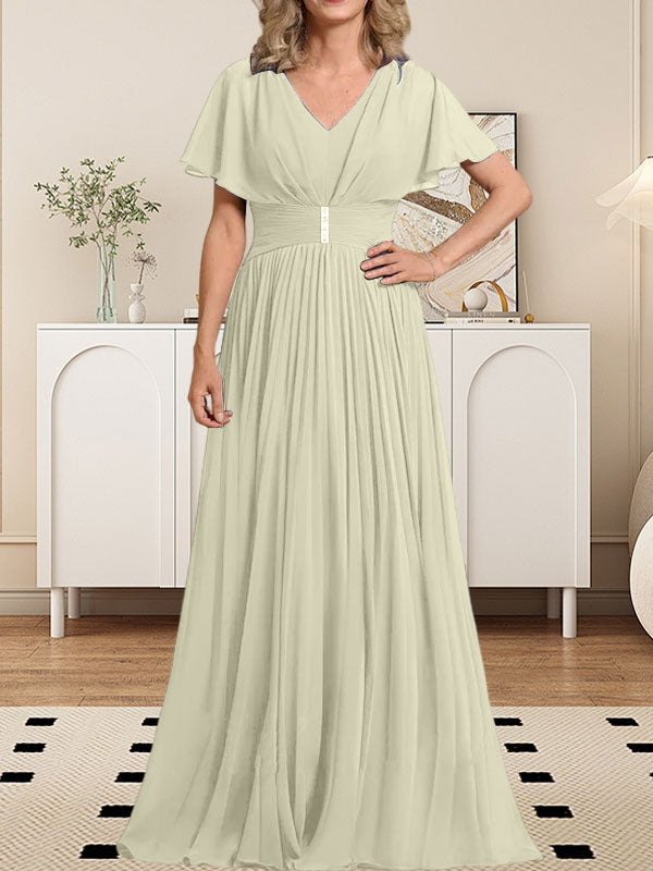 A-Linie V-Ausschnitt Bodenlang Chiffon Mutter der Braut Kleid Mit Kristall Brosche Plissee