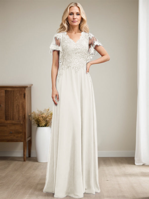 A-Linie V-Ausschnitt Bodenlanges Spitzen-Chiffon-Kleid für die Brautmutter mit Pailletten