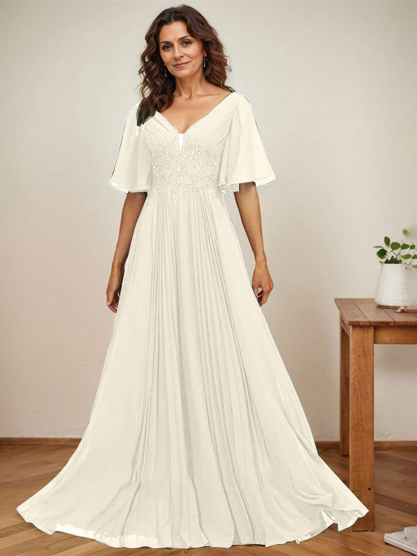 A-Linie V-Ausschnitt Bodenlang Chiffon Mutter der Braut Kleid Mit Pailletten Applikationen Spitze Plissee