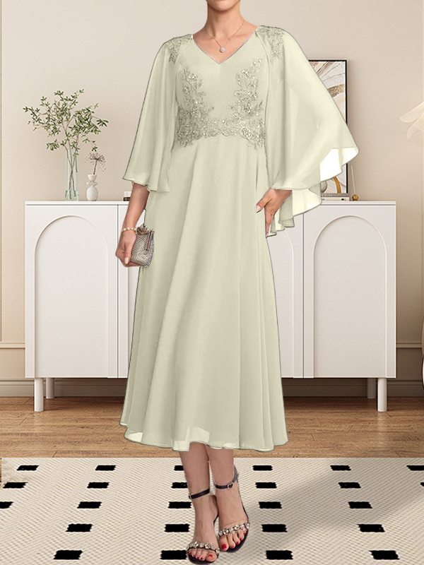 A-Linie, V-Ausschnitt, knielang, Chiffon, Spitze, Kleid für die Brautmutter mit Perlen und Pailletten