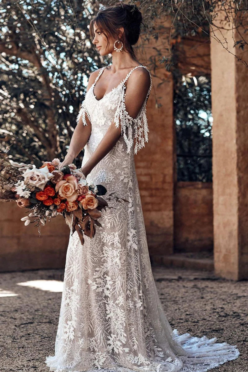 Ivory Bohemian Scoop Neckline Backless Beach Wedding Dress