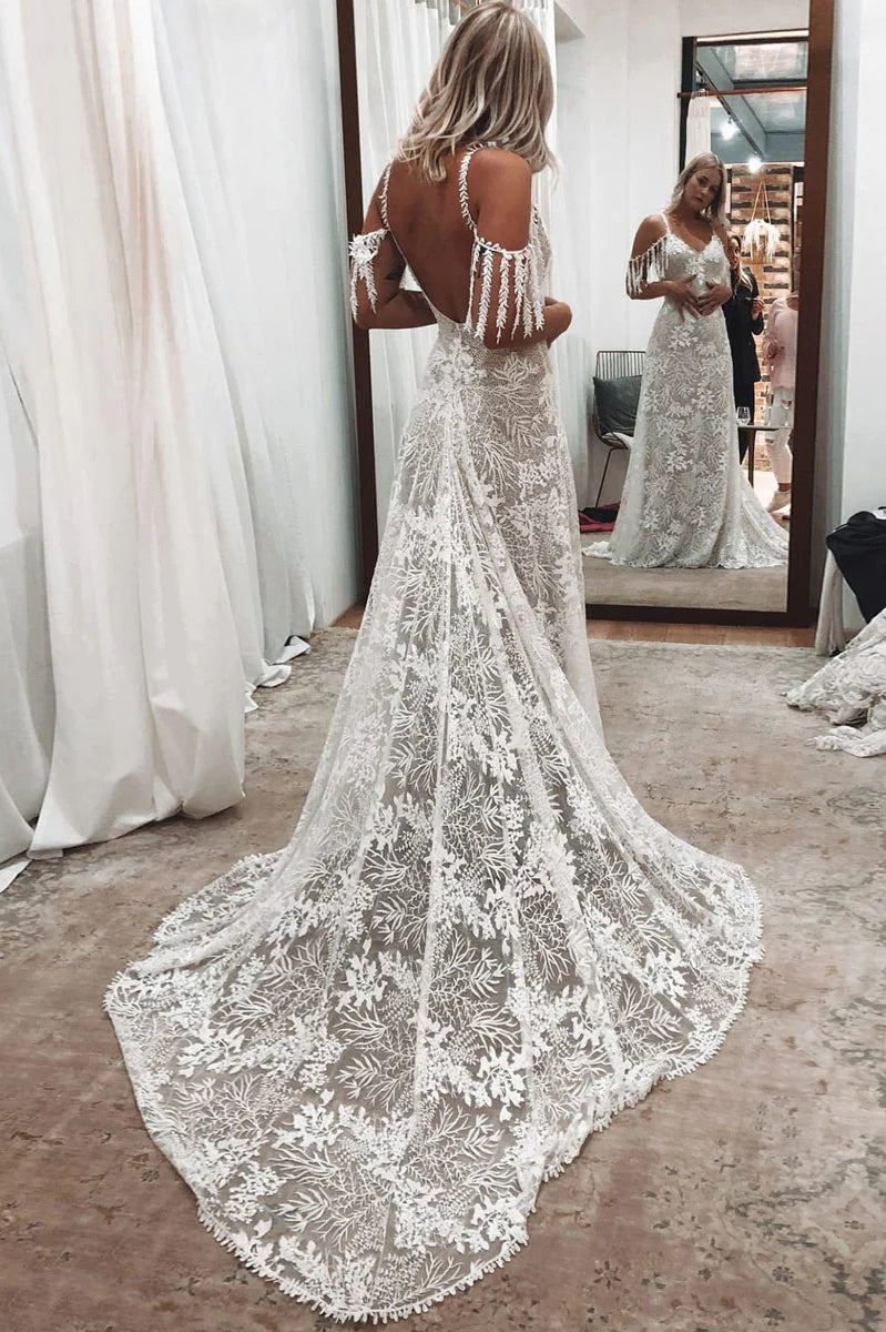 Ivory Bohemian Scoop Neckline Backless Beach Wedding Dress