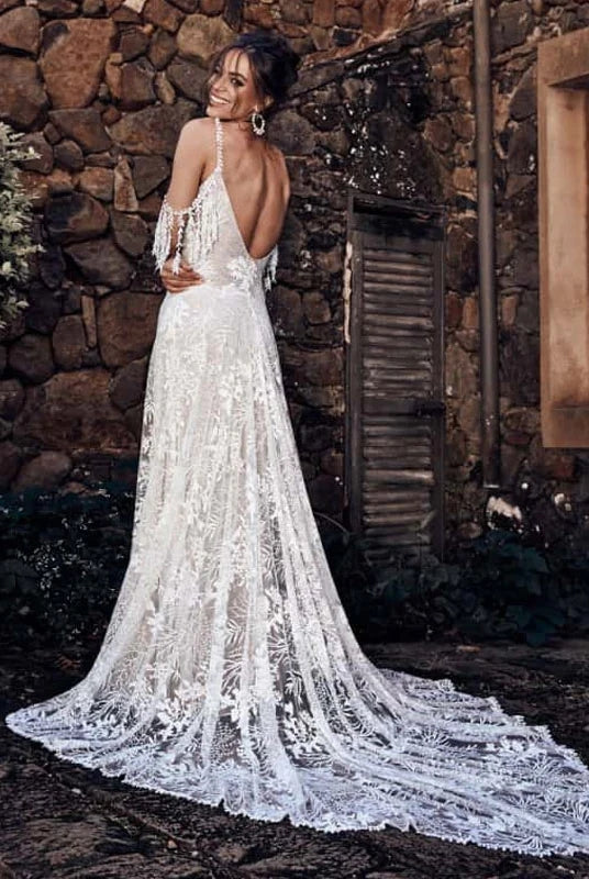 Ivory Bohemian Scoop Neckline Backless Beach Wedding Dress