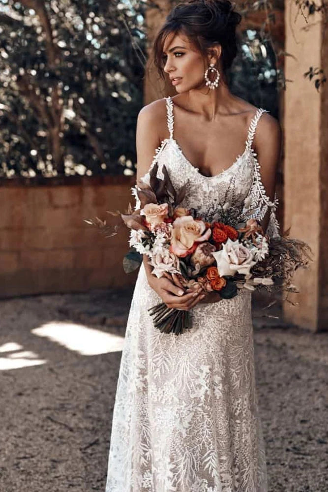 Ivory Bohemian Scoop Neckline Backless Beach Wedding Dress